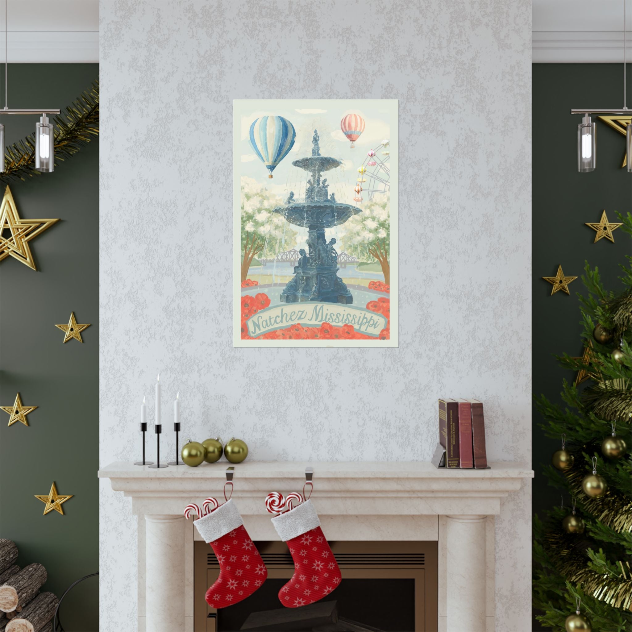 Natchez Mississippi Hot Air Balloon & Southern Elements Vertical Print