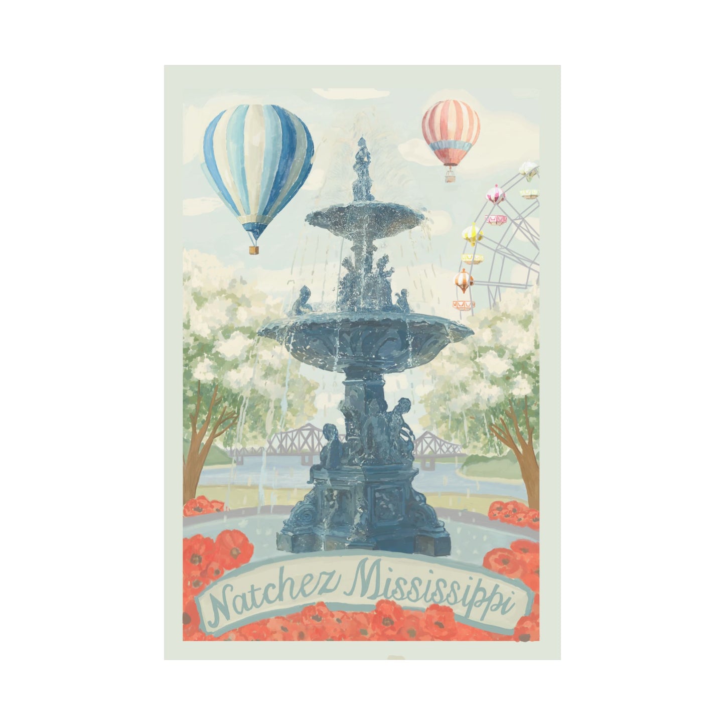 Natchez Mississippi Hot Air Balloon & Southern Elements Vertical Print
