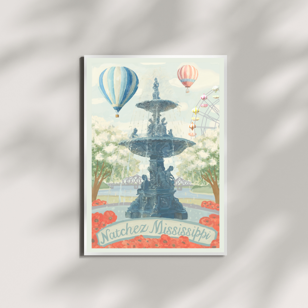 Natchez Mississippi Hot Air Balloon & Southern Elements Vertical Print