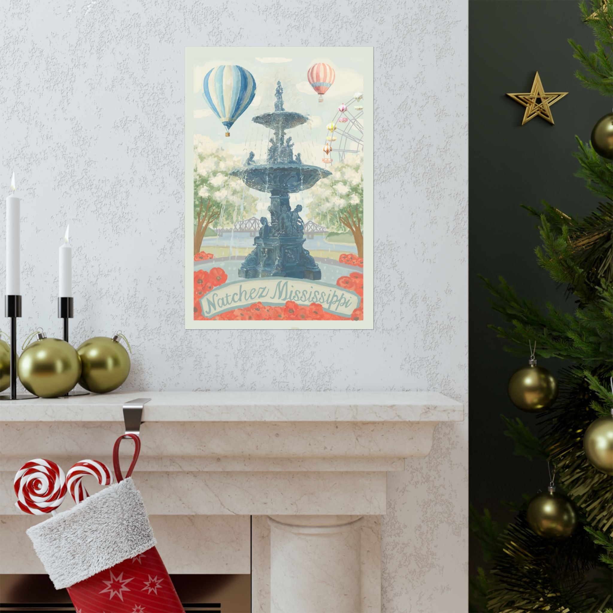 Natchez Mississippi Hot Air Balloon & Southern Elements Vertical Print