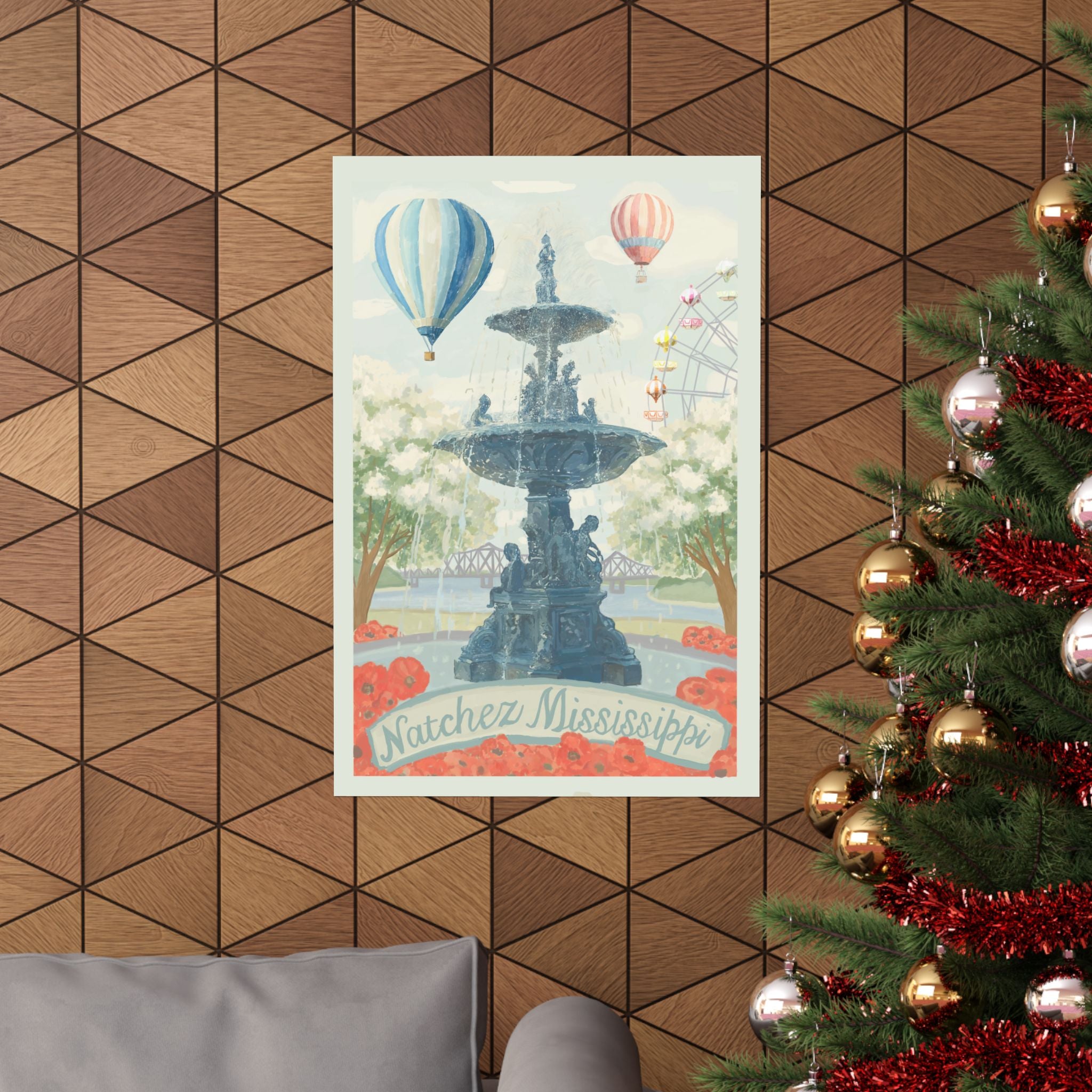 Natchez Mississippi Hot Air Balloon & Southern Elements Vertical Print